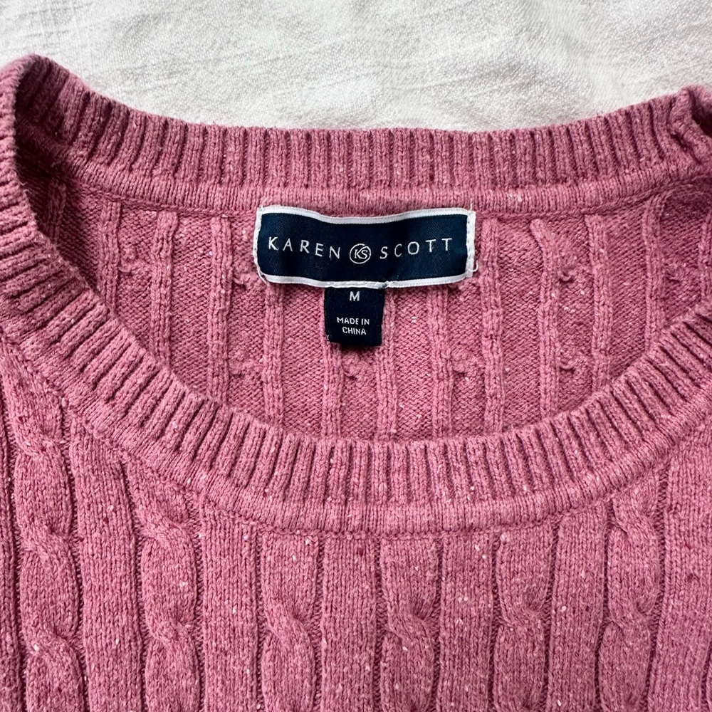 Karen Scott Dusty Rose Cable Knit Crewneck Sweater - Picture 3 of 6